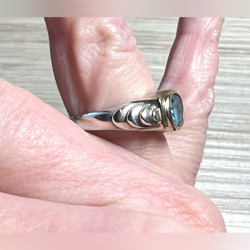 Designer KD Sterling Silver & 14K Gold Blue Topaz Solitaire Ring, Size 7.25, 4g - Picture 11 of 12